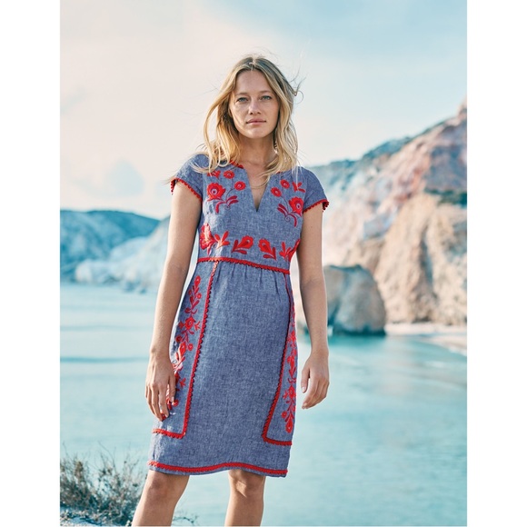 Boden Dresses & Skirts - Boden Bea Linen Embroidered Dress - Chambray and Red Trim